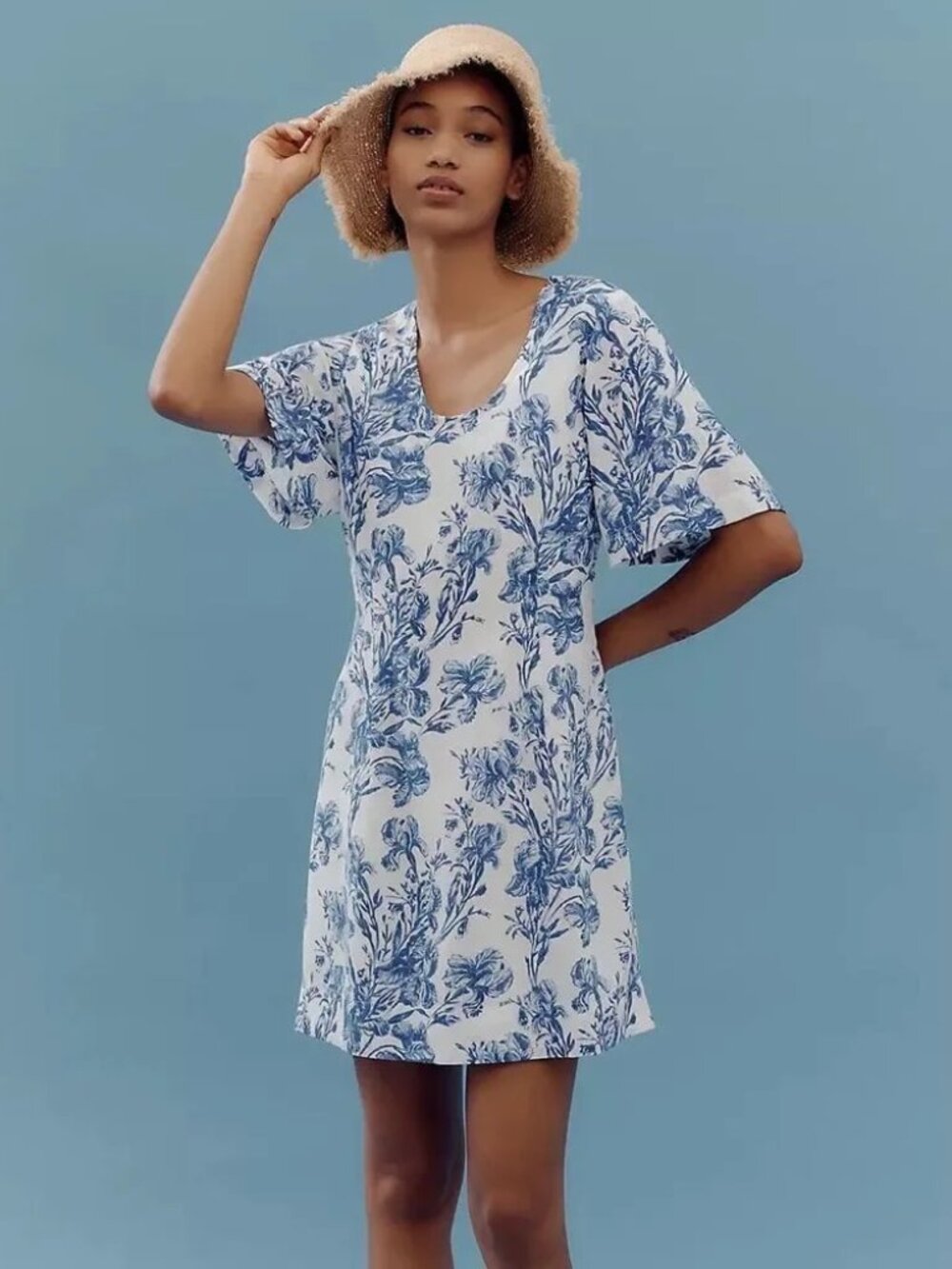 Anthropologie Porridge Short-Sleeve Crew-Neck Linen Printed Mini Dress LP